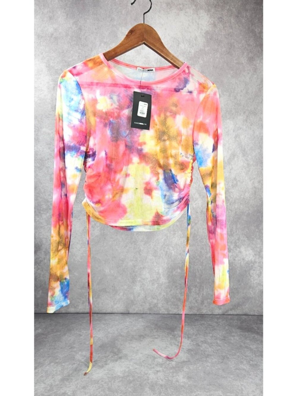 Fashion Nova Vibrant Mesh Top Size L Multicolor Tie Dye Ruched Long Sleeve Crop